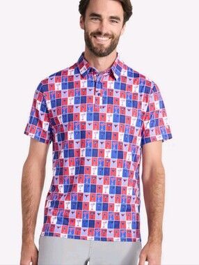 NWT BirdieBound Martini Happy Hour Golf Polo in Red, Blue & White Checker Print